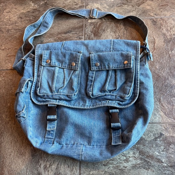 OOAK Denim Messenger Bag Flap Over Shoulder Purse Buckle Closure Y2K Vintage 90s - Picture 1 of 9